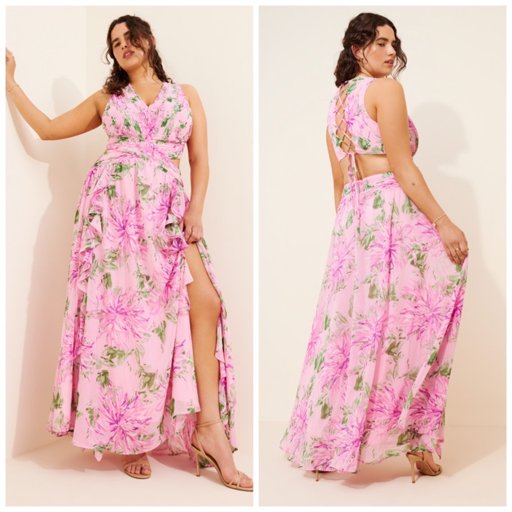 ASTR The Label Noya Maxi Dress Pink Floral Pleated Cut Out Lace Up 1X